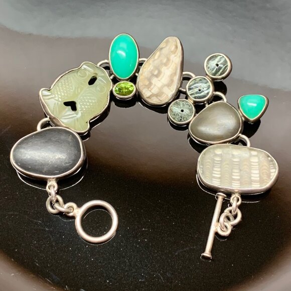 THE DREAMER Vintage Sterling Silver 925 Fossil Stone Boho Unique Bracelet #788 - Picture 9 of 13